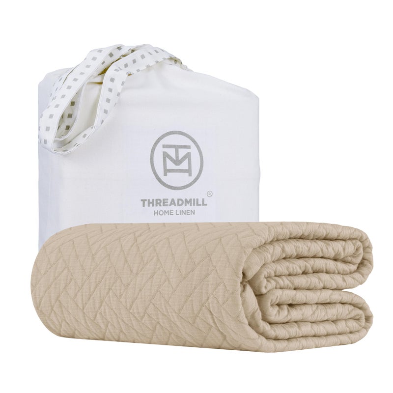Threadmill Luxury Cotton Blankets for Queen Size Bed | All-Season 100% Cotton Queen Size Blanket | Criss Cross Jacquard Cozy Lightweight, Soft Breathable Coverlet fits Full Size Bed, 90x92 | Beige - Image 1